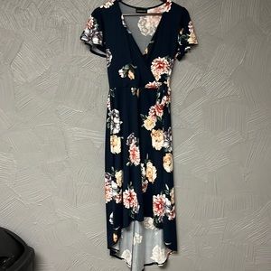 Women’s navy floral, high low dress.